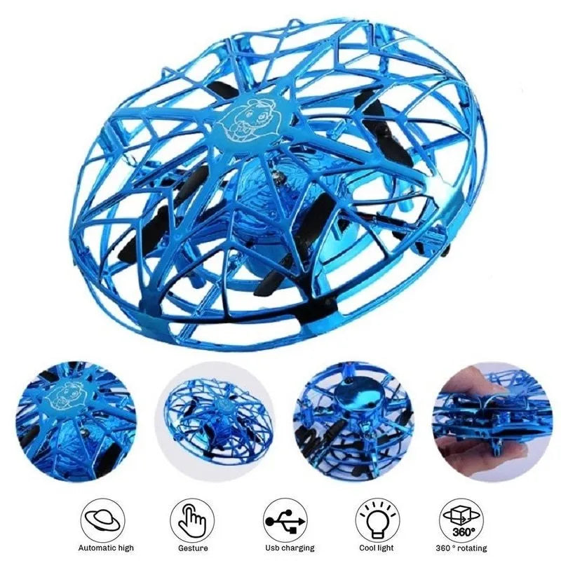 Flying Helicopter Mini Drone UFO RC Drone with infrared sensors and blue flexible guardrail on white background