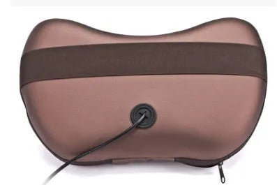Electric neck massage pillow, coffee colour, 33x29x11cm, with infrared therapy and kneading rollers for home and car use.