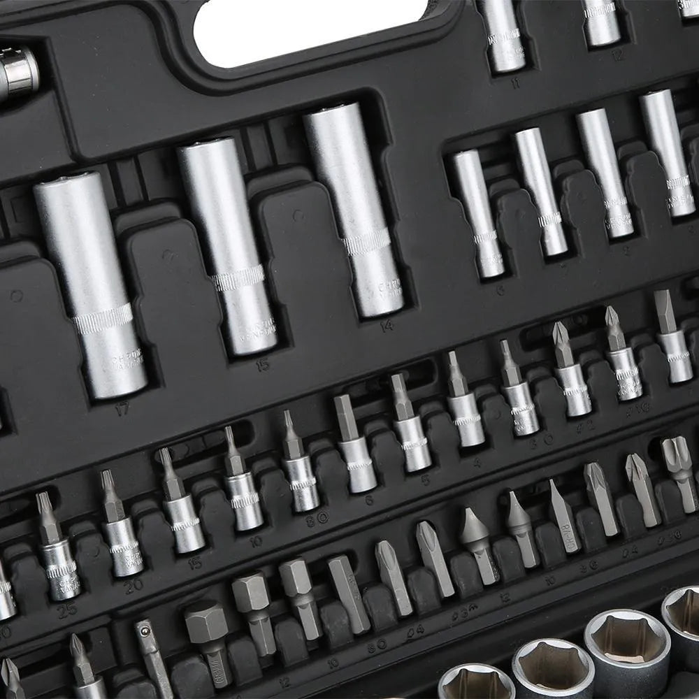 94-piece chrome vanadium steel metric socket set in black storage case