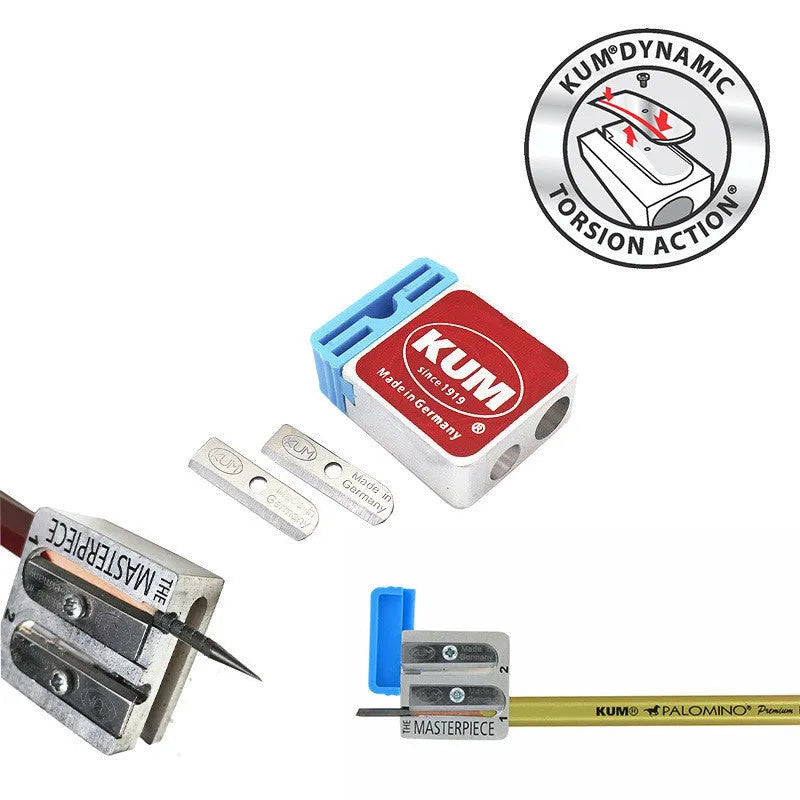 Segmented magnesium metal pencil sharpener with two-step sharpening, blue plastic plug, spare blades and hard plastic box