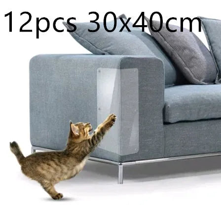 Two transparent PVC self-adhesive cat claw protector pads on a leather sofa arm, each 47x15cm