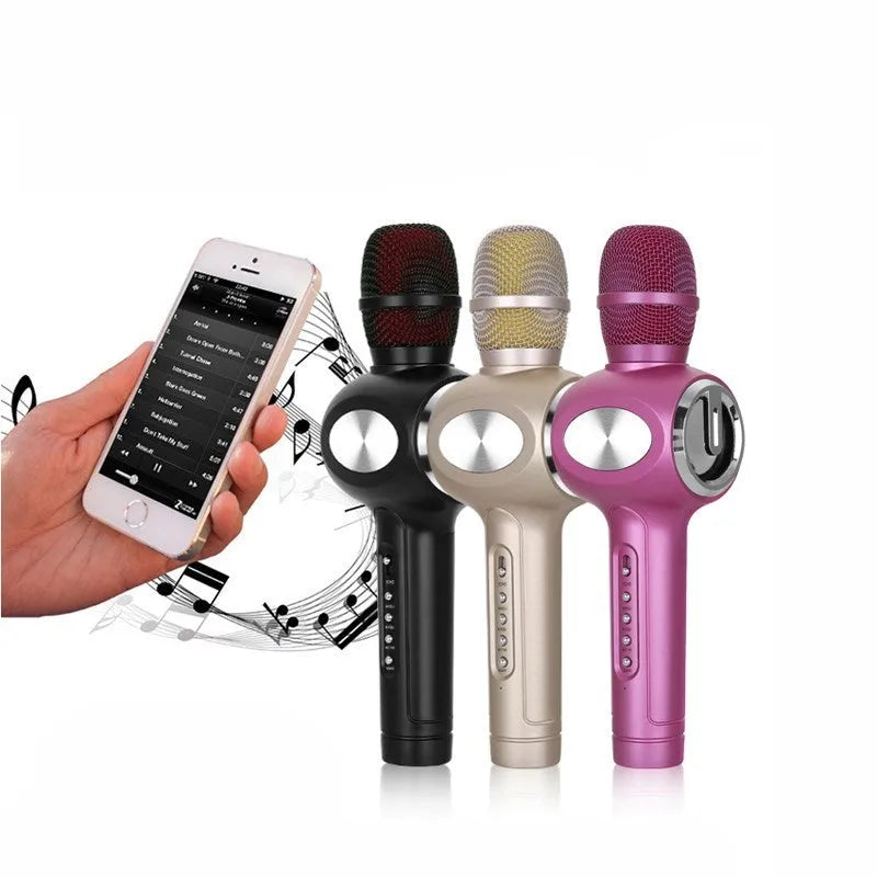 Yaerjia E108 mobile microphone in black, gold, or pink colours with capacitive pickup and echo effects