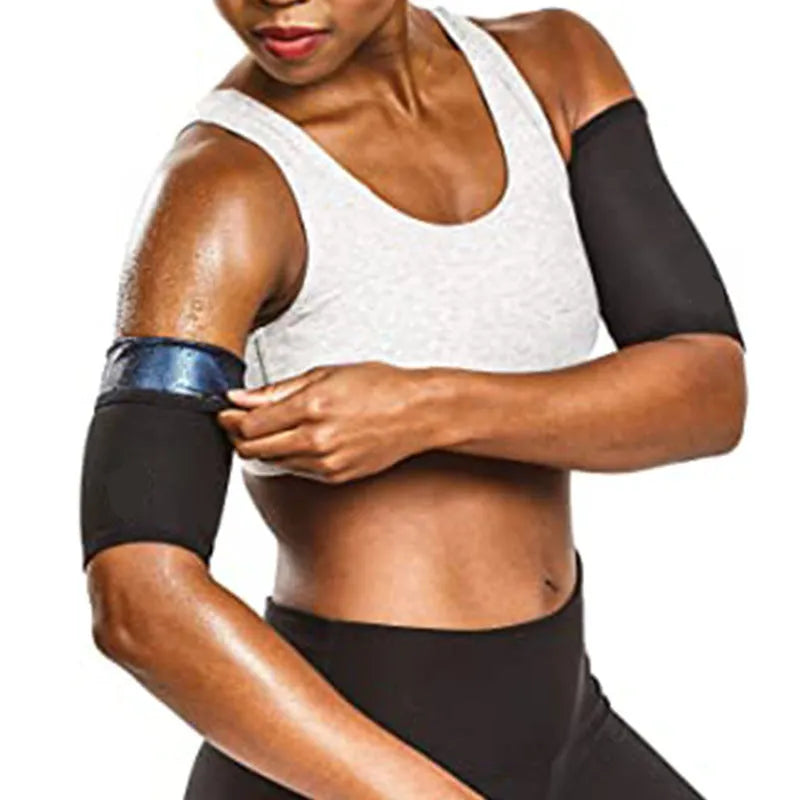 Adjustable arm shaping sweatband in blue with binding strap, shown on arm during exercise.