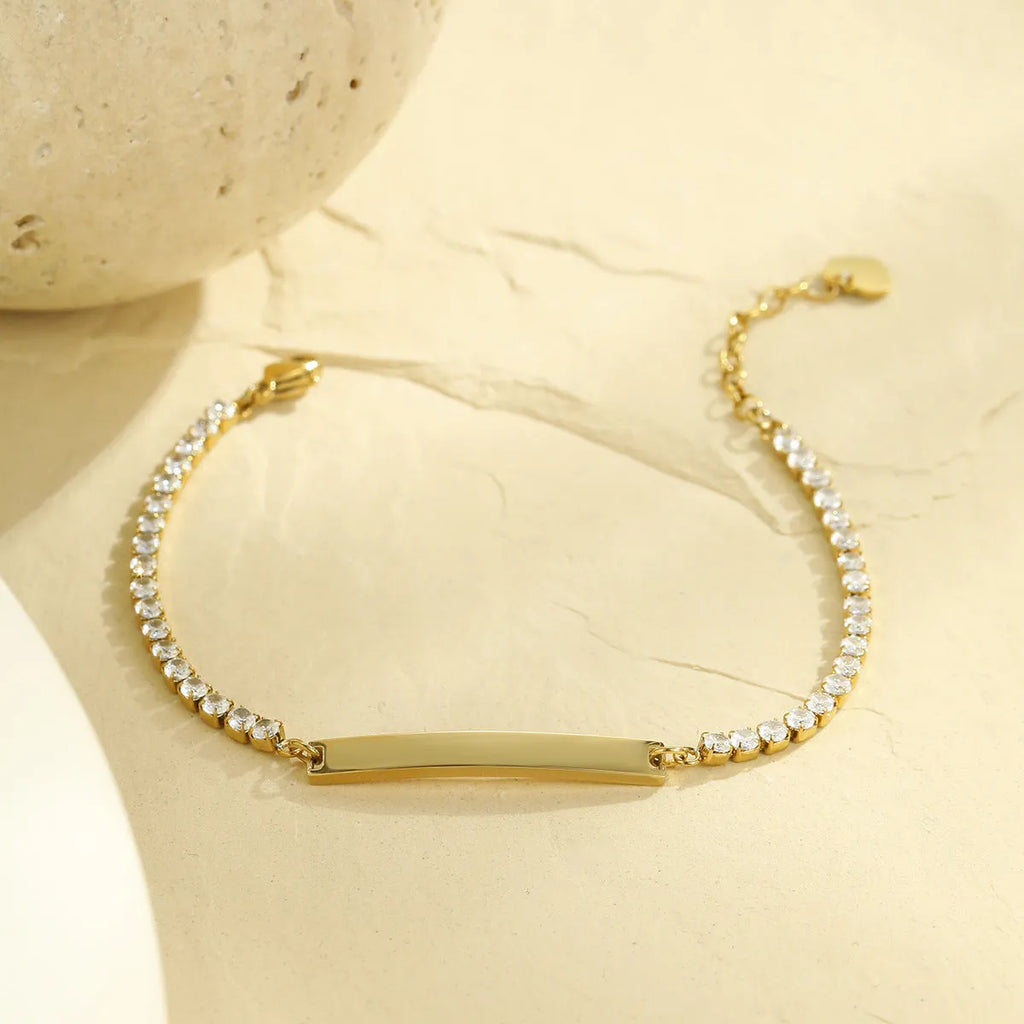 Diamond-embedded lettering bracelet, stainless steel, 18K electroplated, geometric quadrangle, 41-50cm
