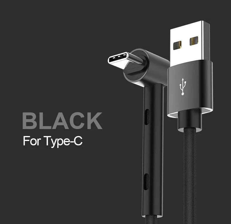 Curved phone charging cable with bracket function in black, 1.2m length, for Apple and Type-C devices