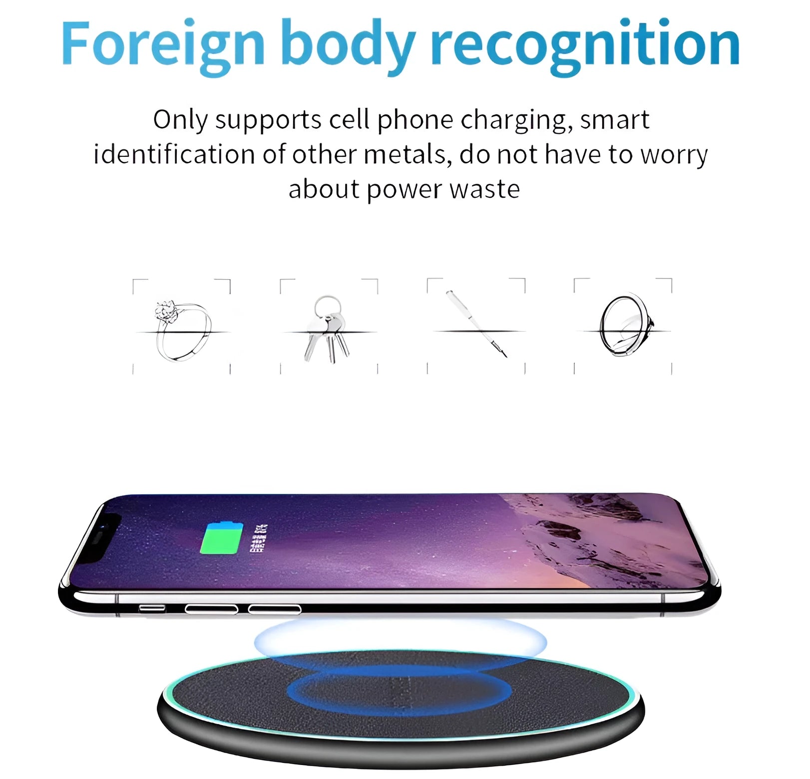 Black circular Qi wireless charging pad for iPhone 11 on a desk.