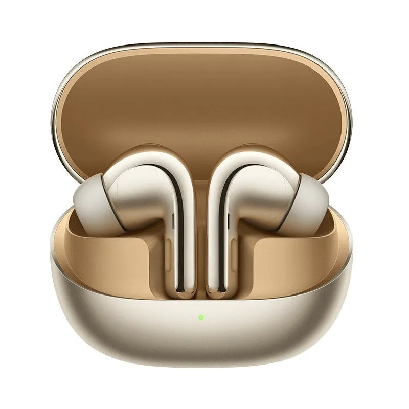 Black and gold true wireless Bluetooth earbuds with charging case, featuring active noise reduction technology.