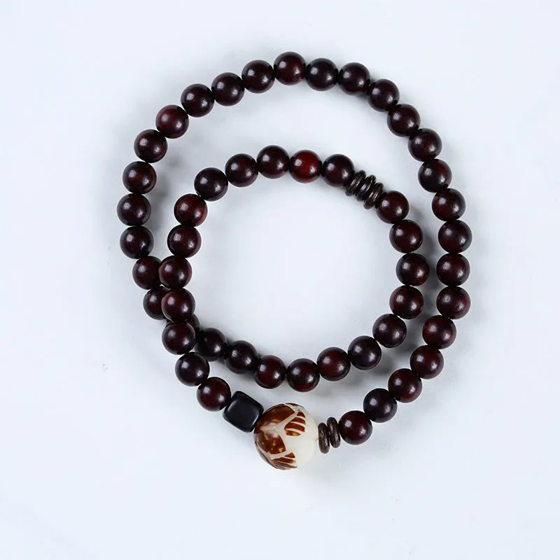 Natural rosewood double-ring bracelet with floral design and knitted construction