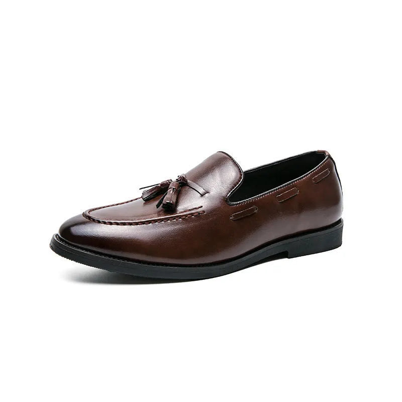Men's tassel slip-on shoes, low top artificial PU upper, black brown blue, sizes 38 to 46