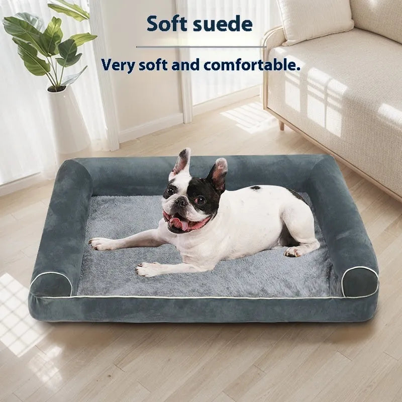 Square dark grey dog bed with raised sponge sides on a wooden floor, showing breathable cloth texture.