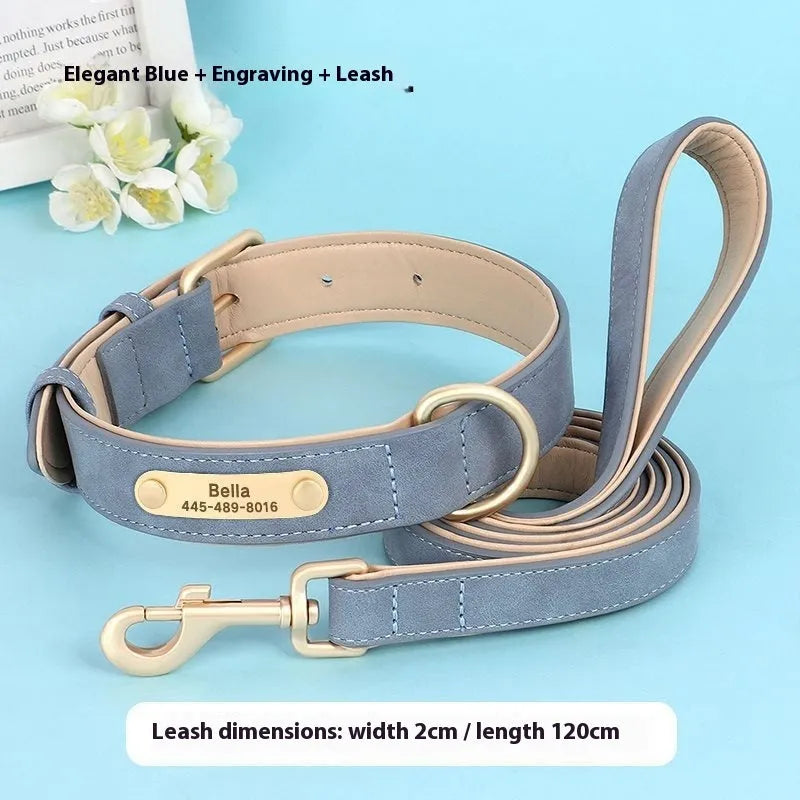 A rose red double-layer leather dog collar with mohair backing, shown with its matching traction rope.