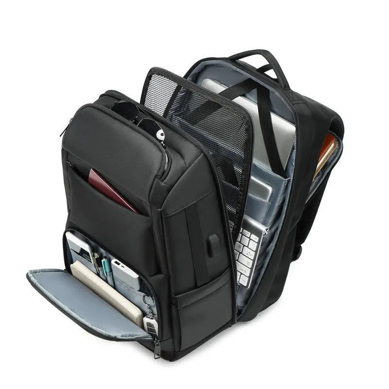 Black multifunctional nylon backpack with polyester lining for business, travel, school, and leisure use