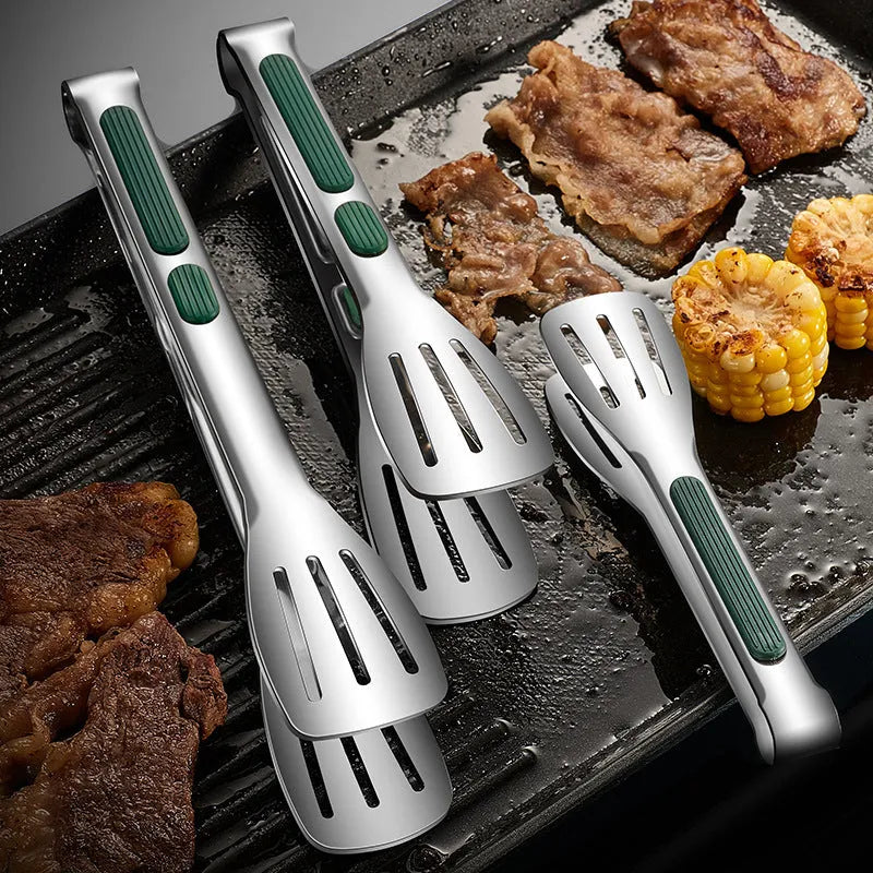 Set of three 304 stainless steel kitchen tongs with silicone handles in 7, 9, and 12 inch sizes