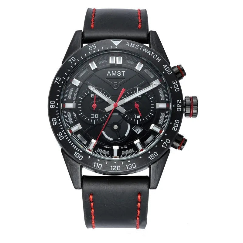 Emmett six-hand quartz watch with 48.2mm alloy case, mineral glass, IP plating, and choice of belt or steel strap