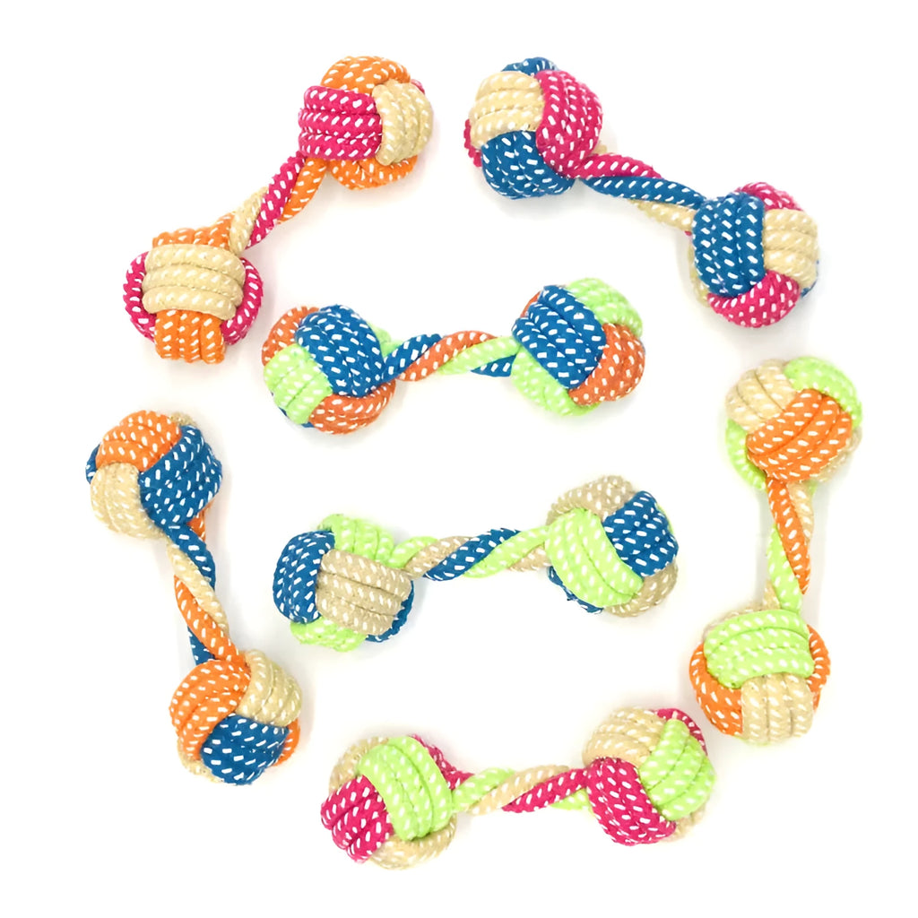 Small dumbbell cotton rope dog toy in multicolour, 17cm length