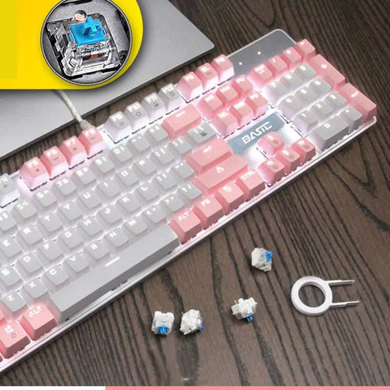 Pink full-size mechanical keyboard with 104 keys and USB cable.