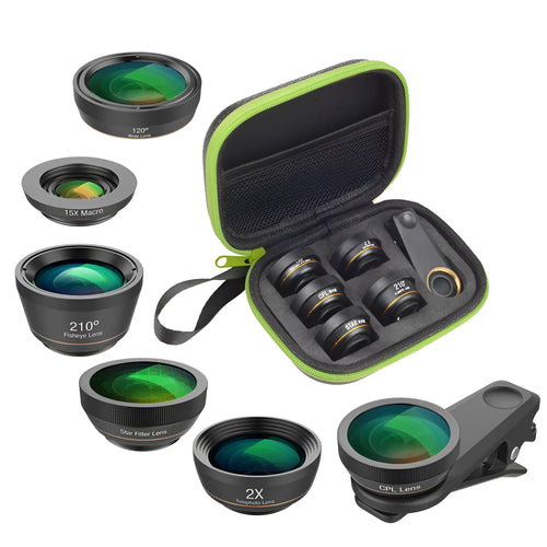 Black 6-in-1 smartphone camera lens kit with fisheye, wide-angle, macro, telephoto, CPL, and star filters next to universal clip.