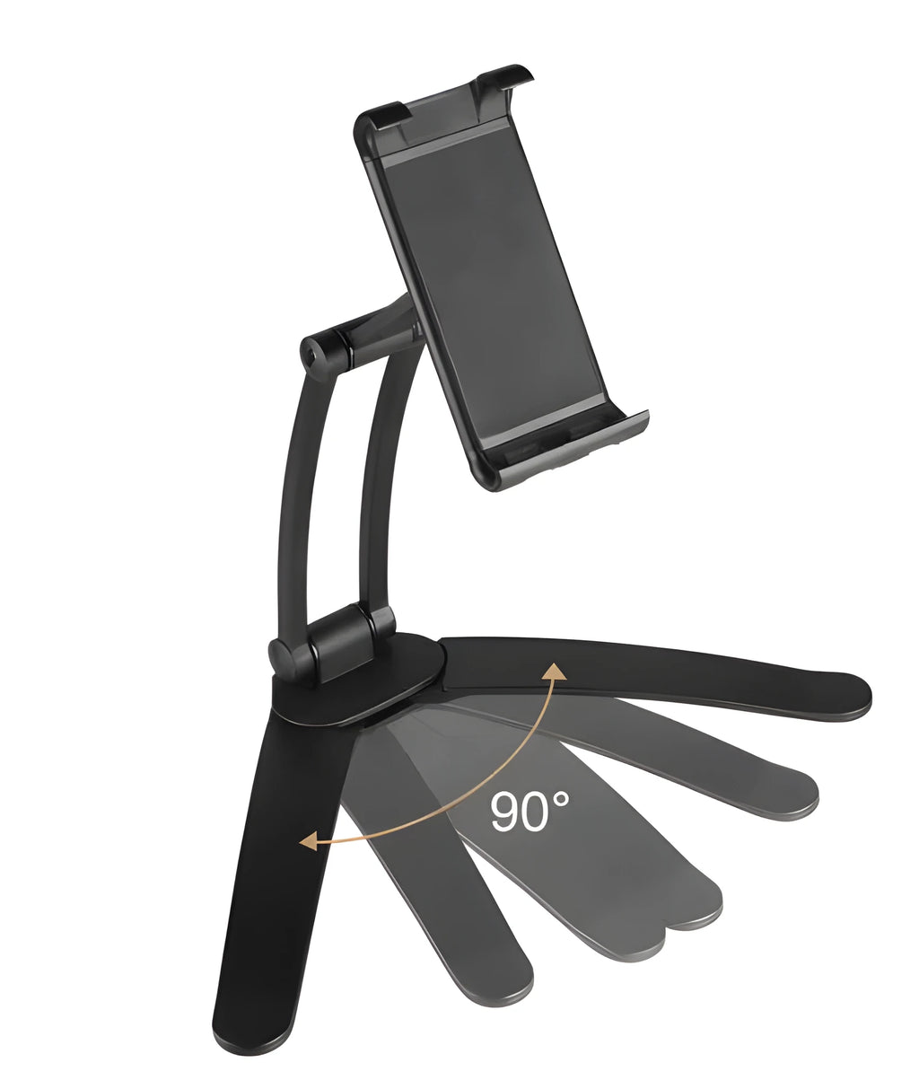 Silver aluminium desktop tablet stand holding a tablet, showing 360-degree rotation and dual adjustable clip design.