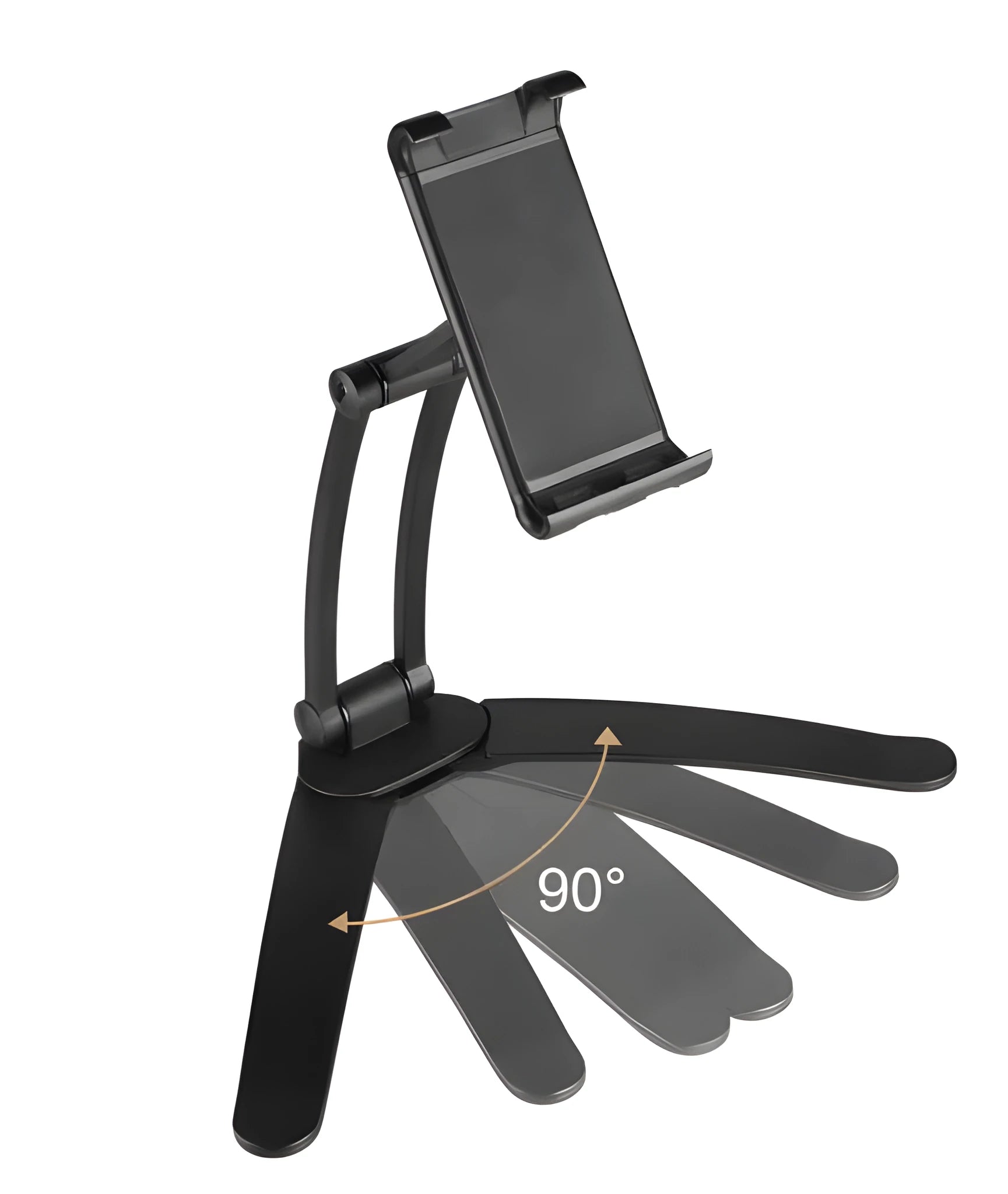 Silver aluminium desktop tablet stand holding a tablet, showing 360-degree rotation and dual adjustable clip design.