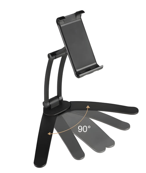 Silver aluminium desktop tablet stand holding a tablet, showing 360-degree rotation and dual adjustable clip design.