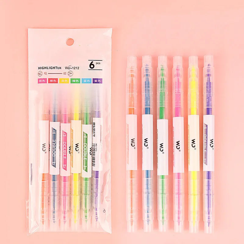 Set of six double-headed marker pens showing round and oblique tips in assorted colours