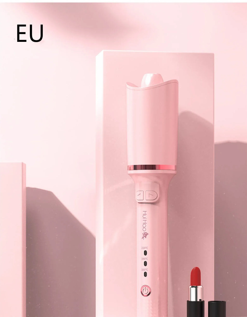 Electric rotating hair curler with tourmaline ceramic barrel in green, pink, and matte white on a neutral background