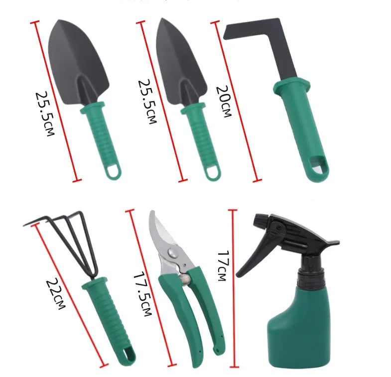 Ten-piece gardening tool set with iron heads and plastic handles, green and purple colour options
