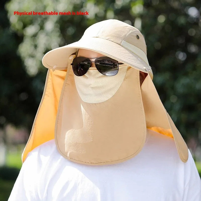 Men's sun protection hat with USB fan and face covering shawl in khaki colour for outdoor activities