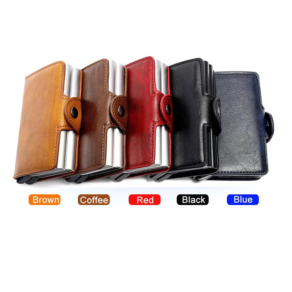 Aluminum PU wallet with 14 card slots in Crazy Horse leather finish, available in claret coffee royal blue black and brown
