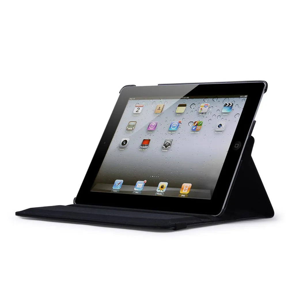 iPad PU leather rotary case in clam shell design shown in multiple colour options on a tablet.