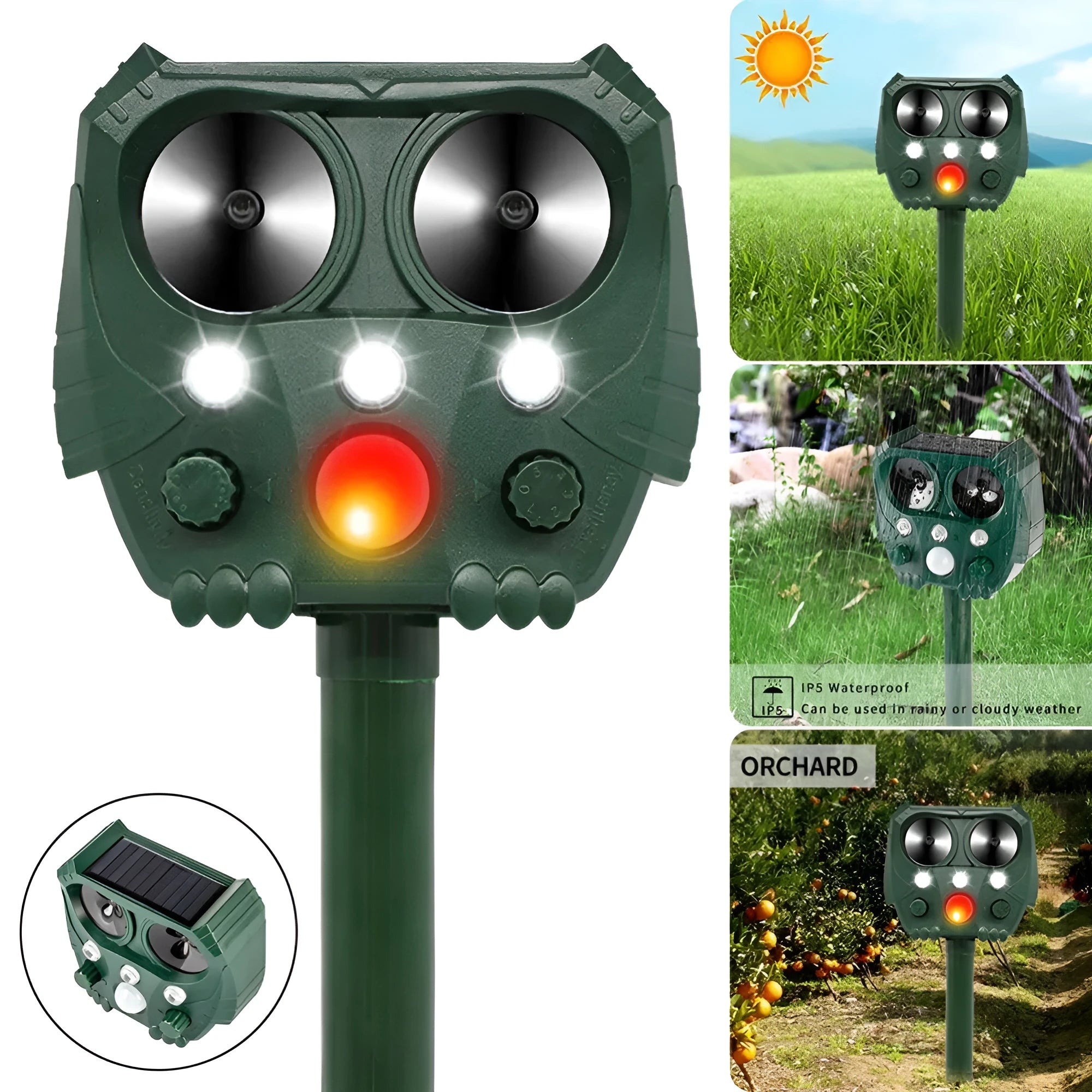 Green solar-powered ultrasonic animal repeller unit with LED light for outdoor pest control.