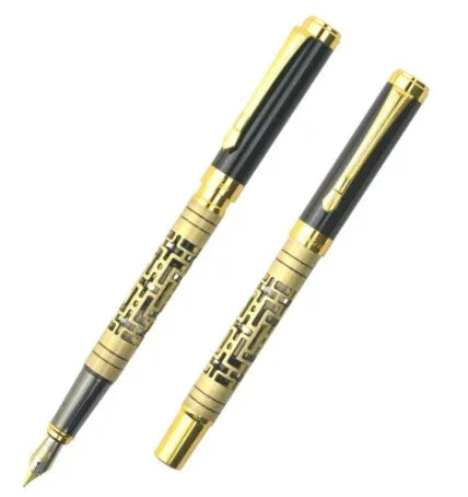 Yellow bronze metal fountain pen with iridium nib and 0.7mm big tip on white background