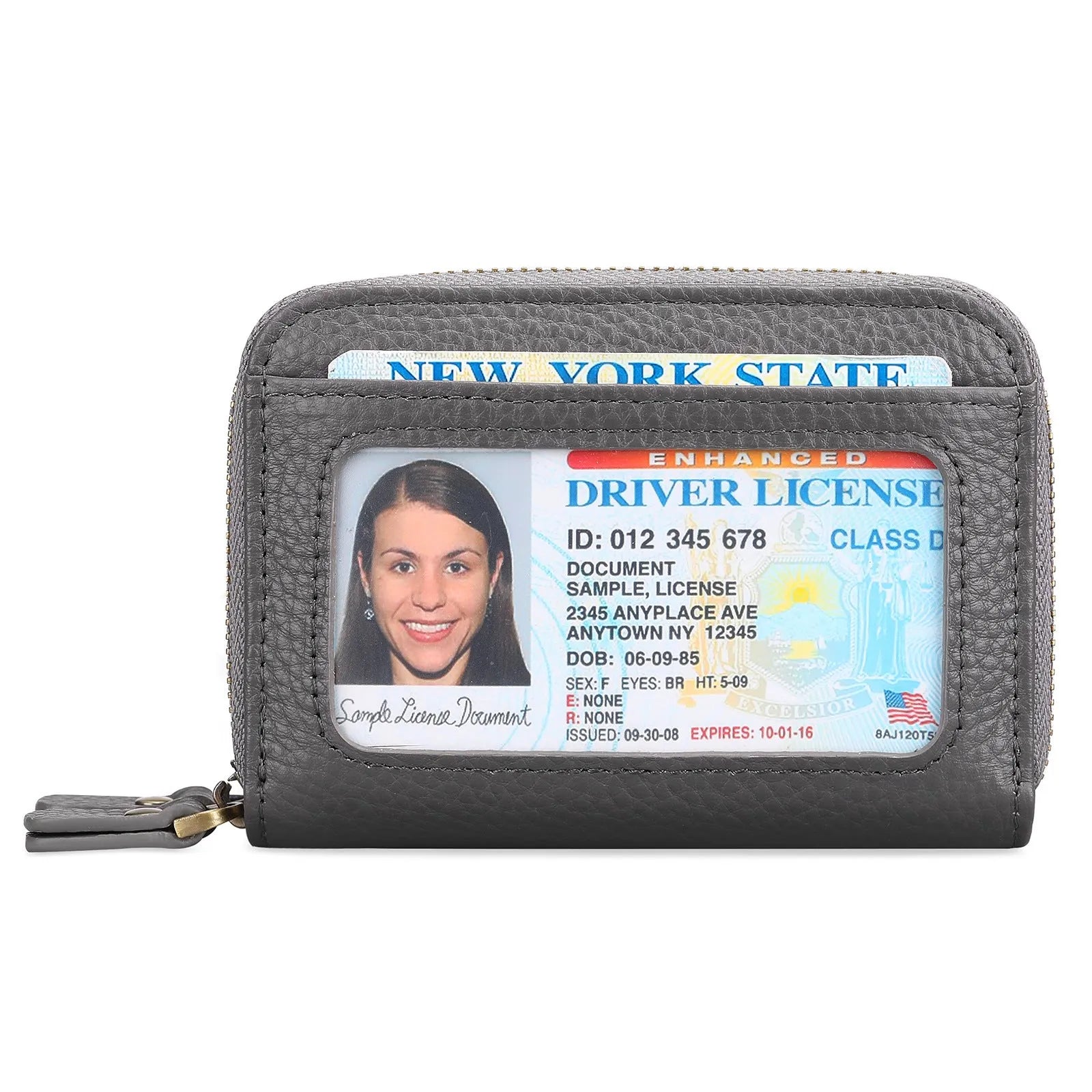 Genuine cowhide leather double layer card holder with zipper, shown in red colour with gift box.