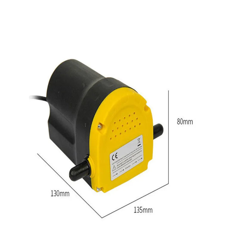Yellow electric oil pump with cast aluminium body, 12V 24V DC, 60W, 2–3 L/min flow, 1.2m inlet pipe.