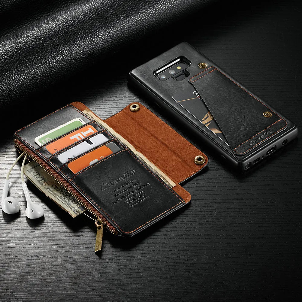 Black leather flip phone case open showing Samsung Galaxy Note9 phone inside