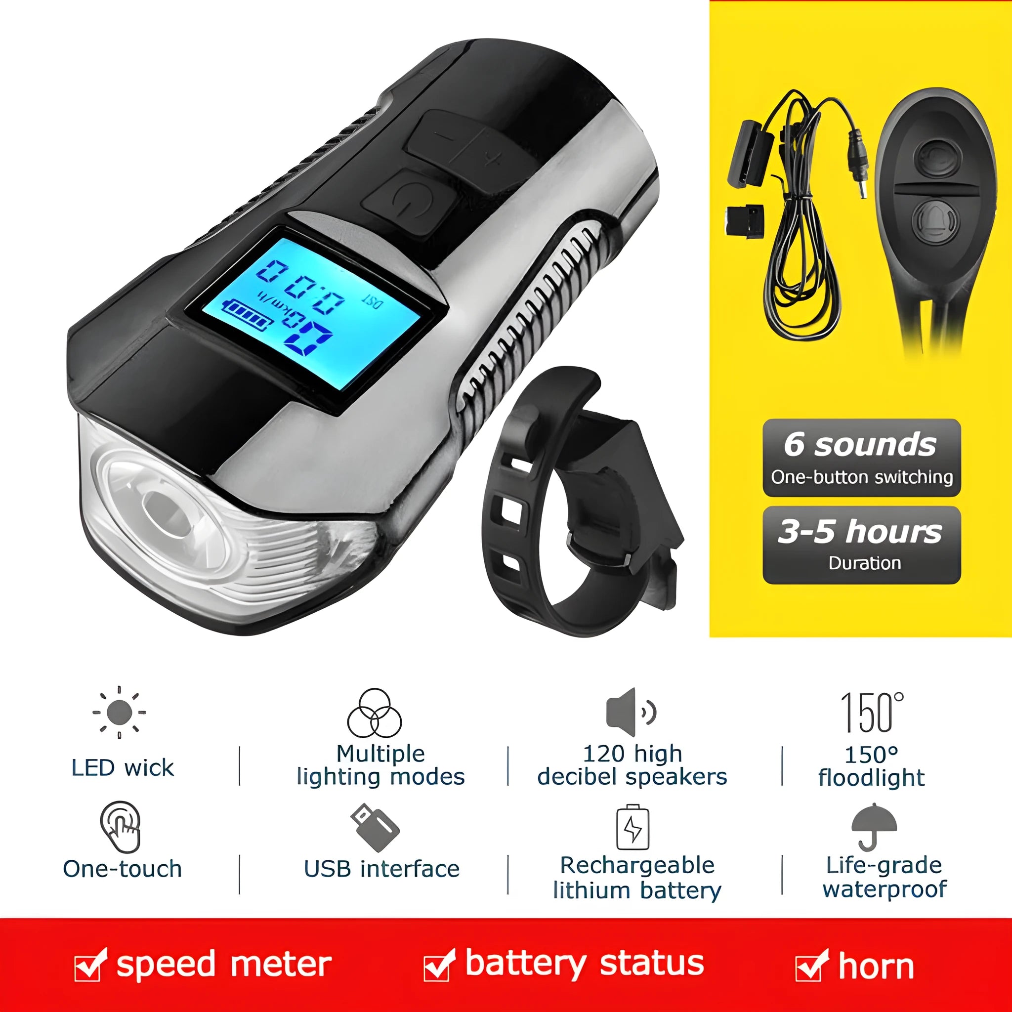 Waterproof USB rechargeable bicycle light with odometer, ABS body, 14x11.5x4cm, black deluxe edition