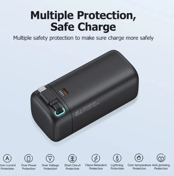 PD45w fast charging power bank 18000mAh with magnetisation nanowire in Lightning Black