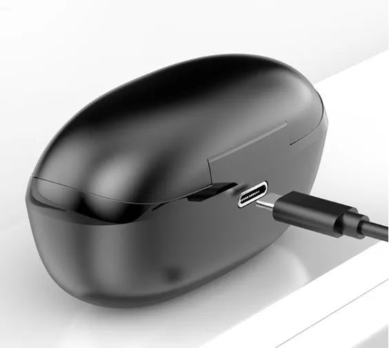 Black and white wireless in-ear Bluetooth headset with its Type-C charging case