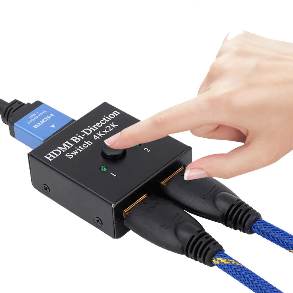 Black HDMI switcher with two input ports and one output port for 4K 2K video switching