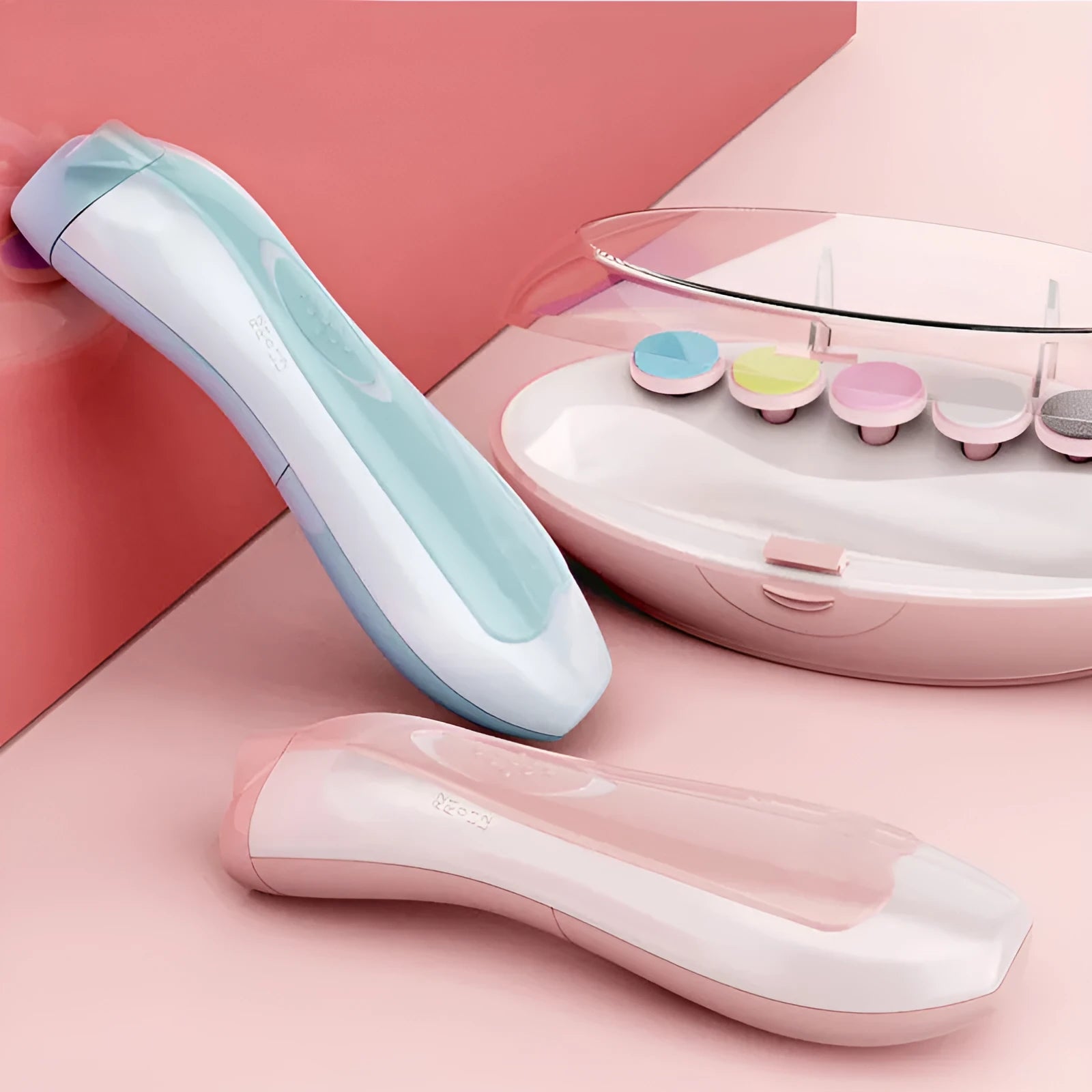 Ultra-quiet electric baby nail polisher pen in pink colour with filing head, for manicuring infant nails.