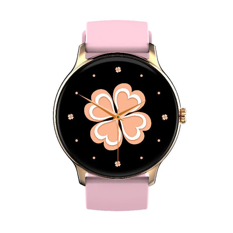Smart Bluetooth sports watch on wrist showing health metrics on its circular 1.28-inch screen.