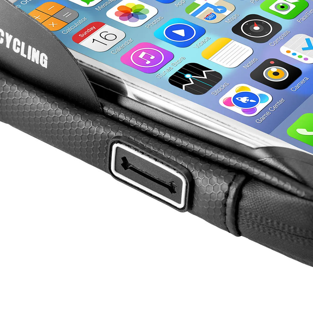 Black waterproof bicycle handlebar bag with transparent touch screen window on bike handlebars