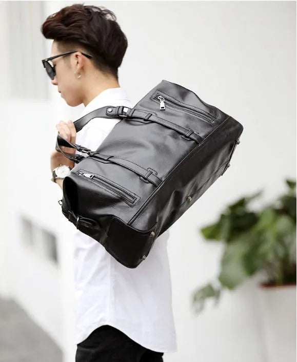 Large-capacity black PU leather handbag with shoulder strap and notebook compartment