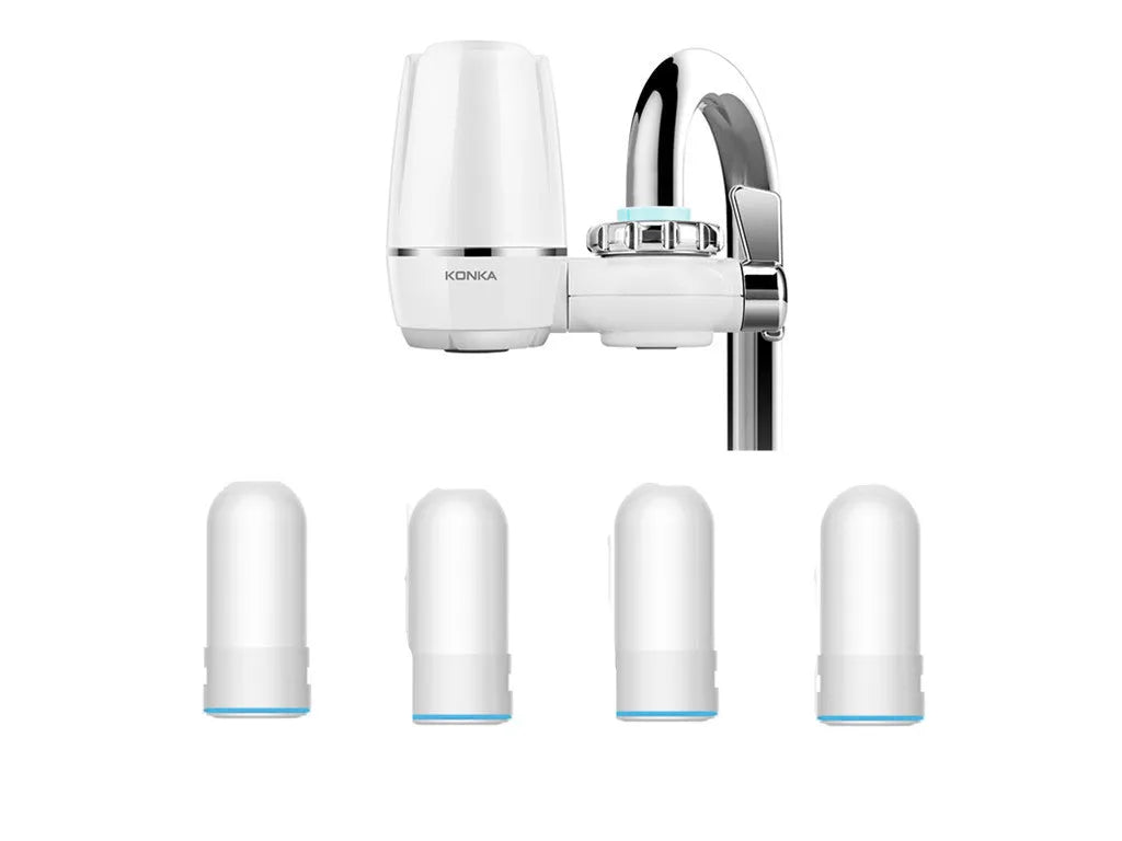 White kitchen faucet water filter with ceramic cartridge and universal thread adapters for tap mounting.