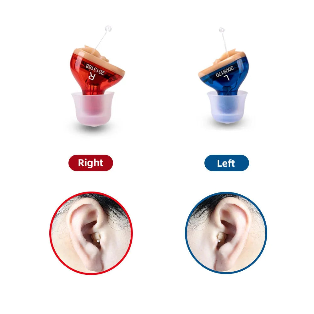 Q10 mini CIC hearing aid in red or blue colour with ear tips and accessories