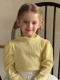 Girls' yellow cotton floral knitted pullover with wooden ear detail and bubble sleeves, long sleeve top