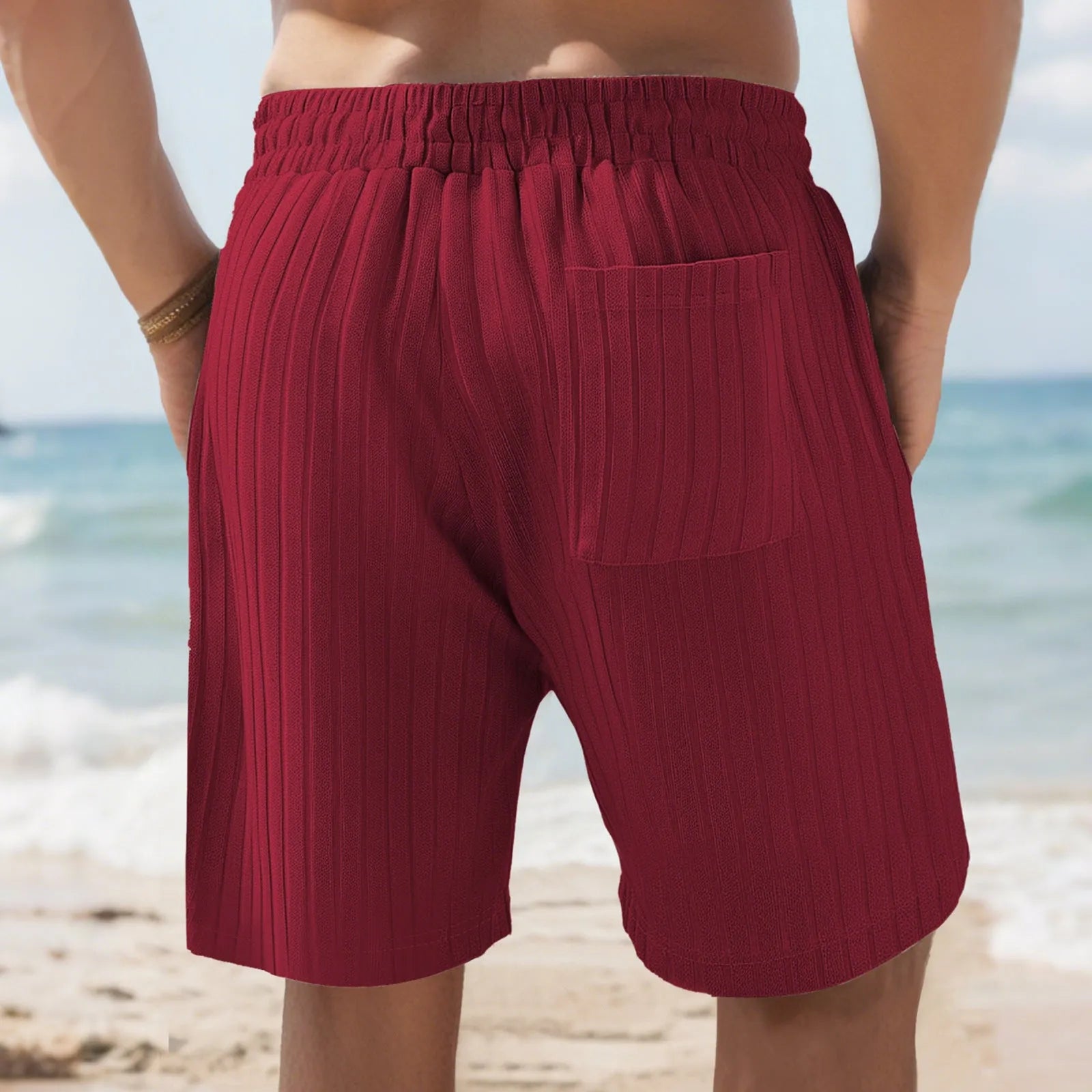 Men's striped linen-style sports shorts with elastic waist in multiple colour options