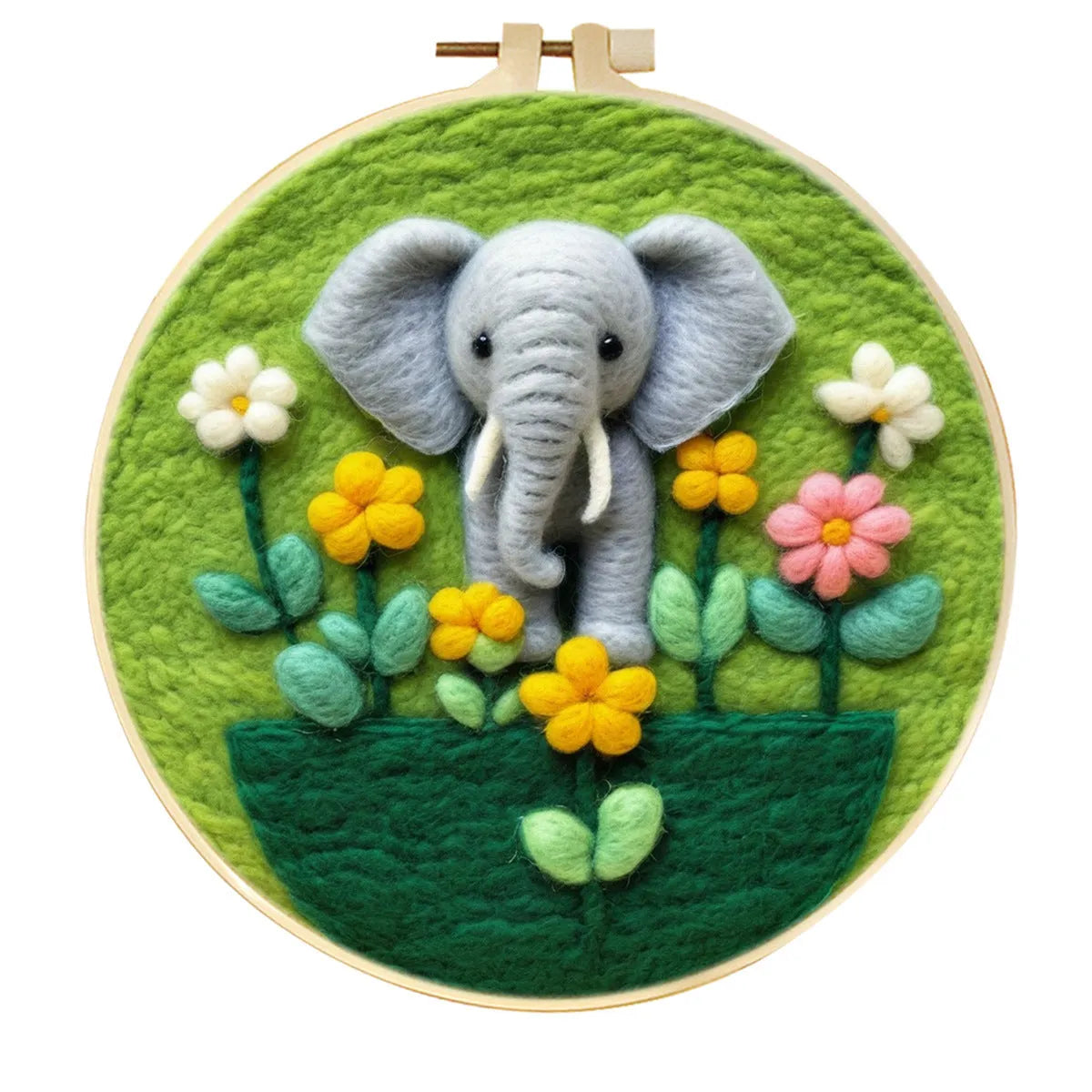 Round linen embroidery frame with wool felt floral decoration kit for three-dimensional wall art