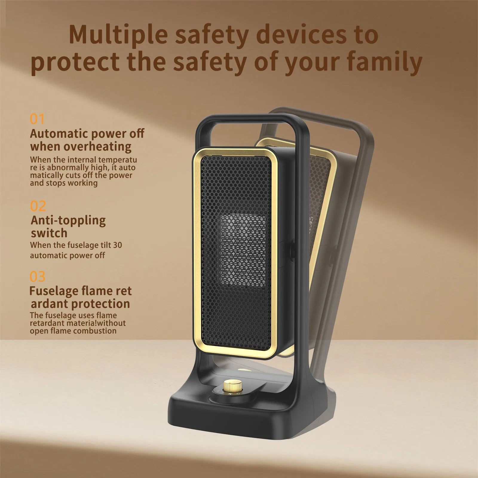 Black compact PTC ceramic air heater with control knob, shown with EU, UK, and US plug options.