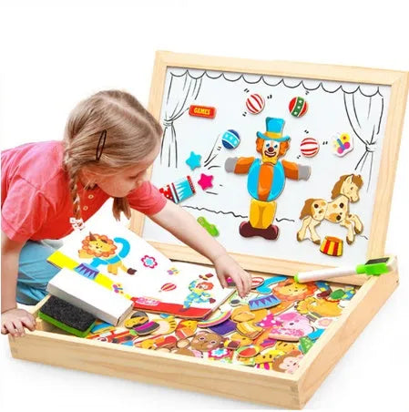Wooden magnetic puzzle drawing board with animal circus theme pieces for children